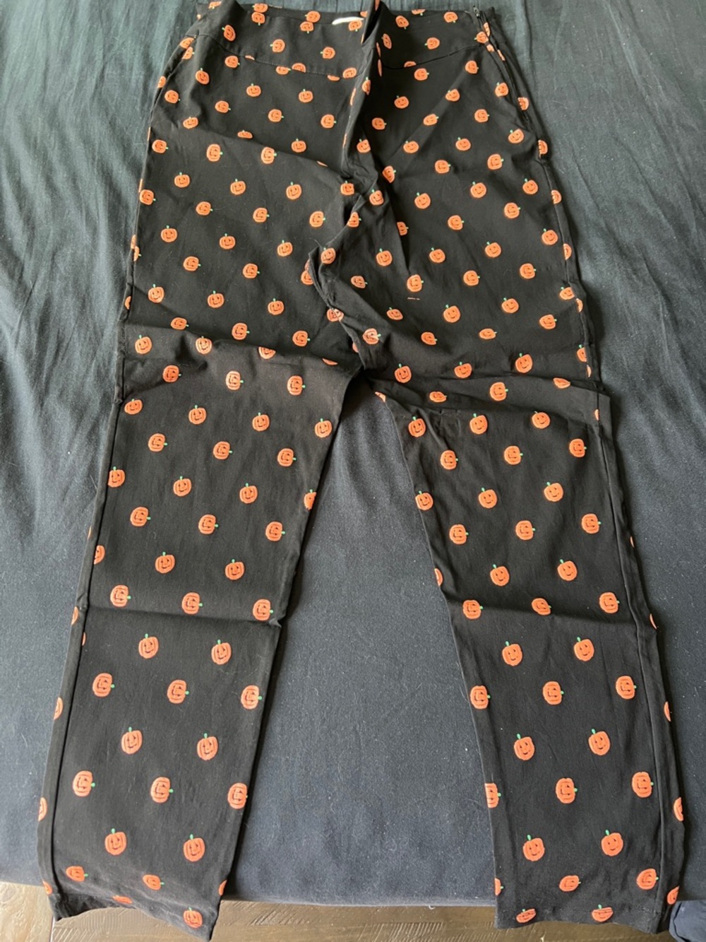 Unique Vintage Black Skinny Pants with Orange Pumpkin Print